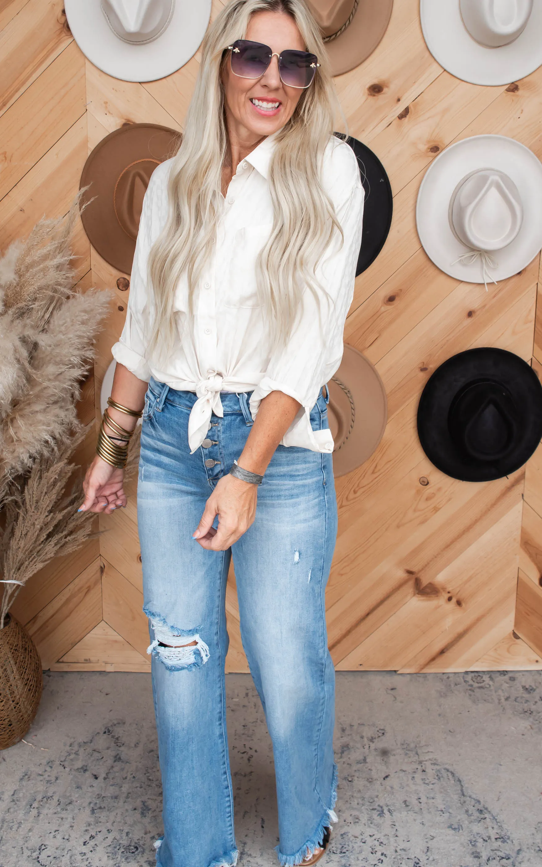 Cream Check Oversized Button Down Top - Final Sale