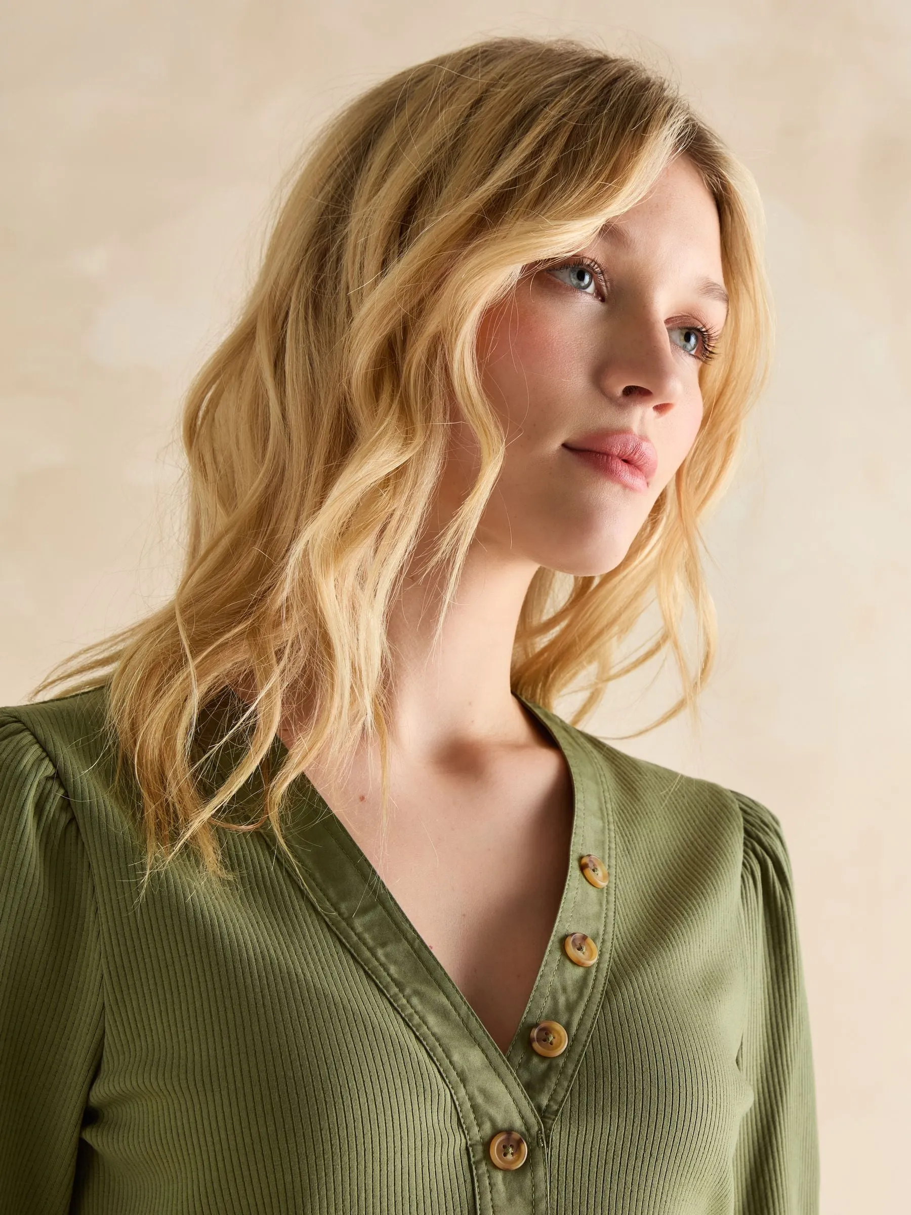 Joules Tabitha Ribbed V-Neck Top with Puff Sleeves