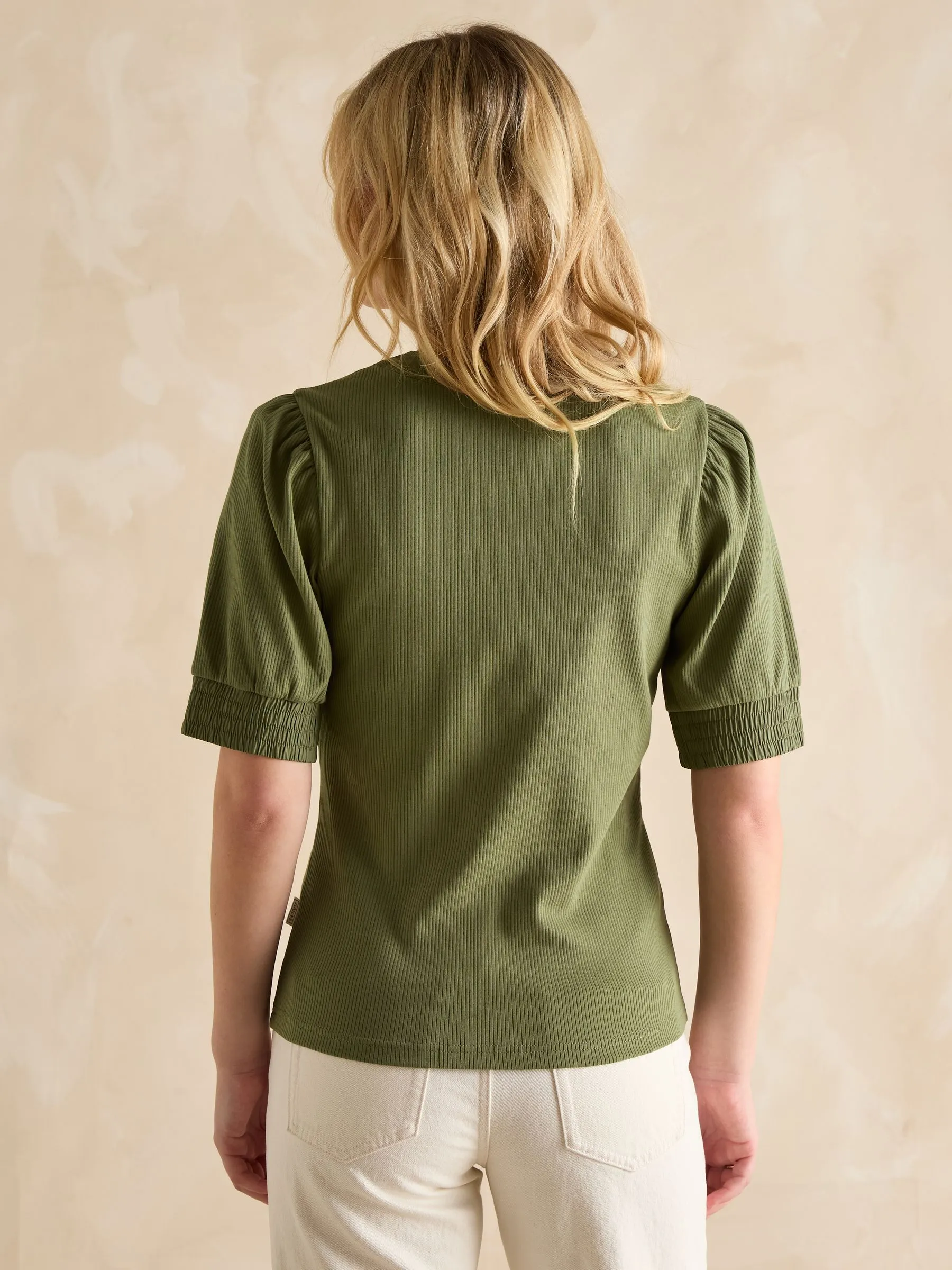 Joules Tabitha Ribbed V-Neck Top with Puff Sleeves