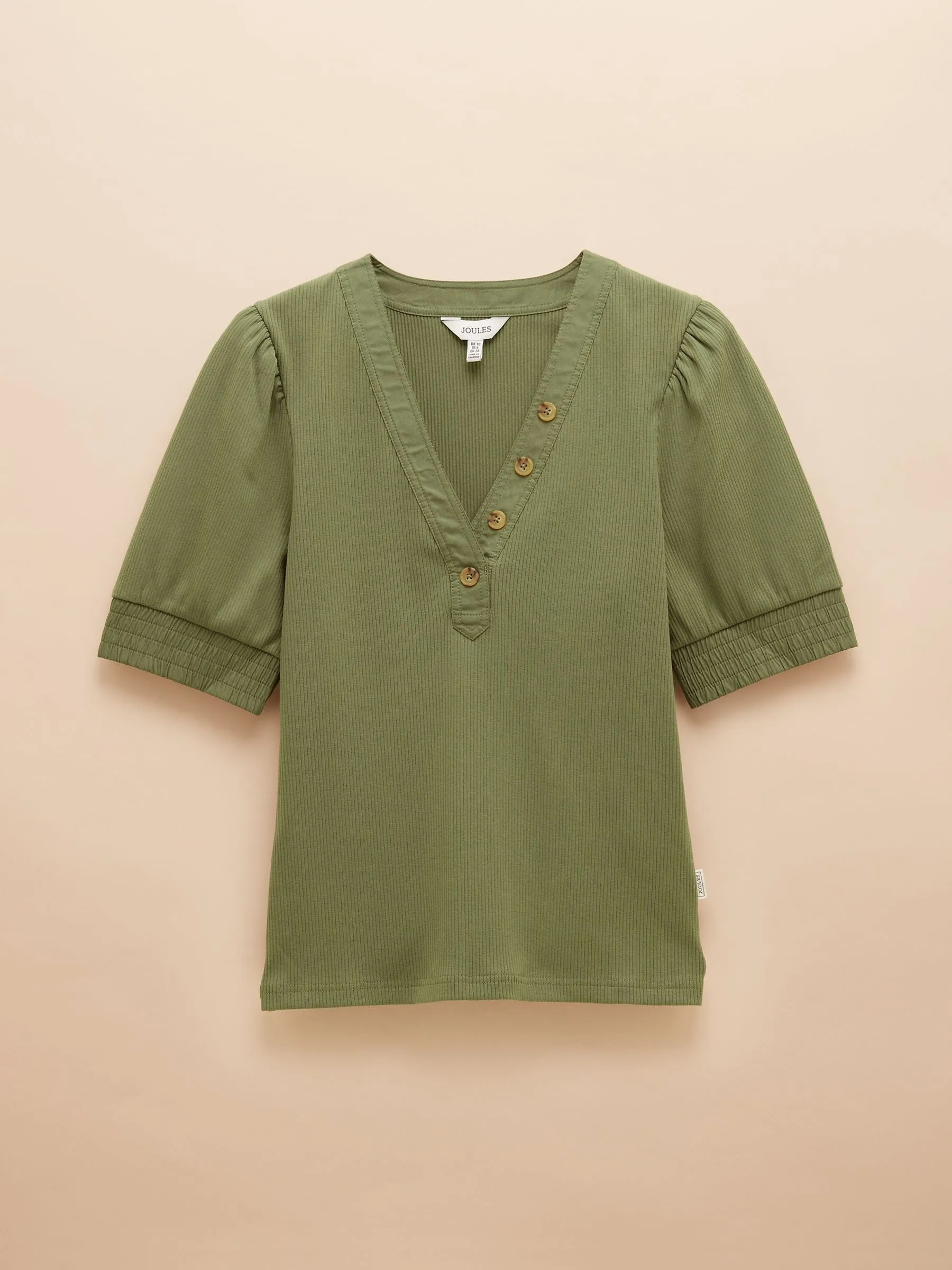 Joules Tabitha Ribbed V-Neck Top with Puff Sleeves