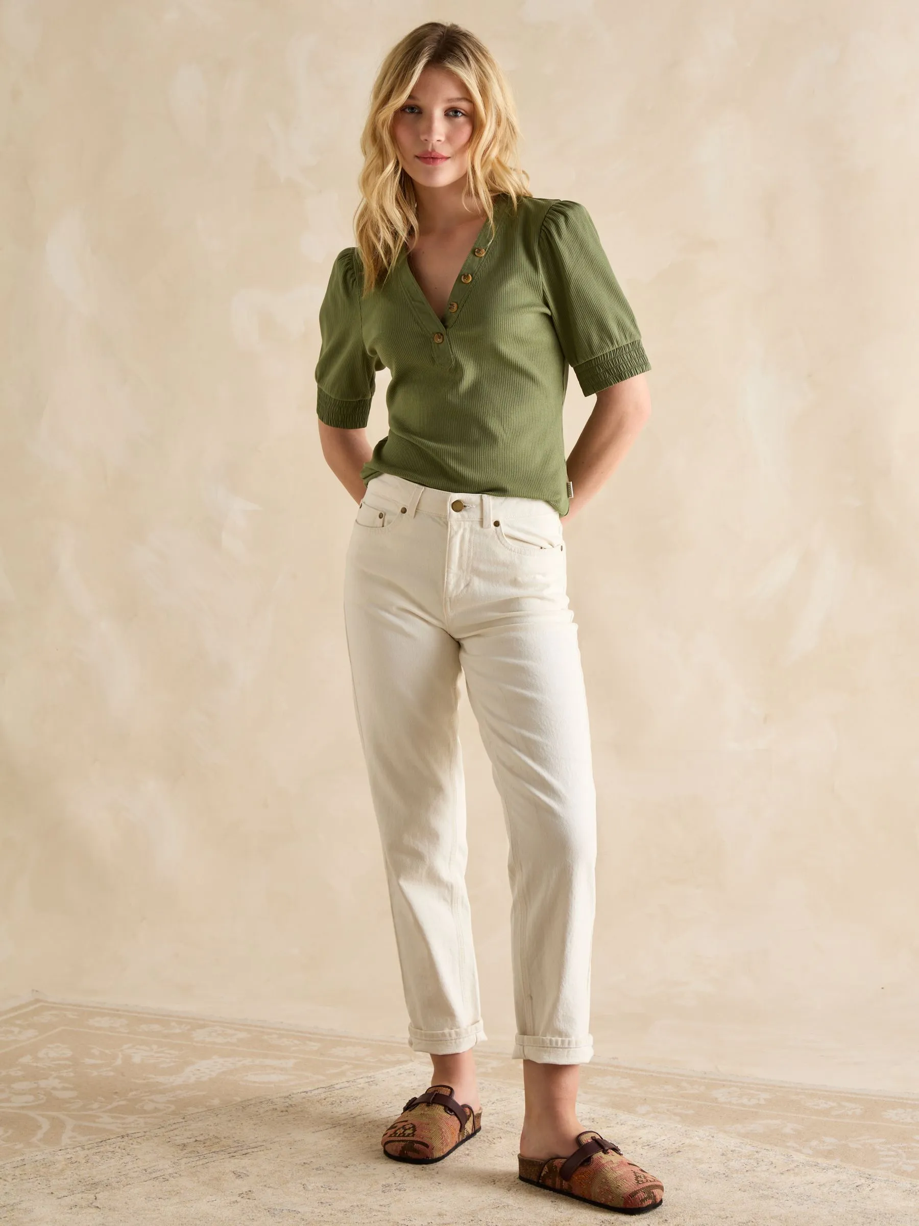 Joules Tabitha Ribbed V-Neck Top with Puff Sleeves